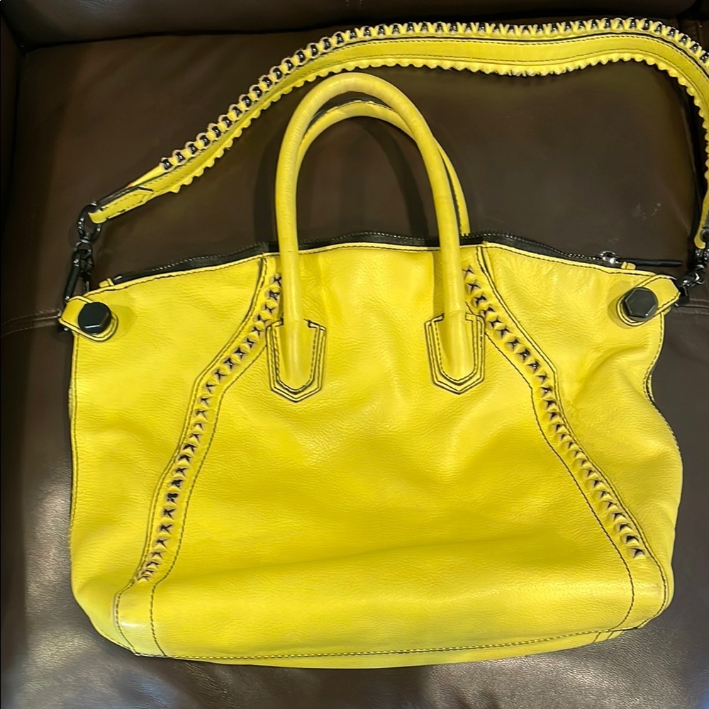 orYANY Yellow Leather Tote with Black Chain Detailing